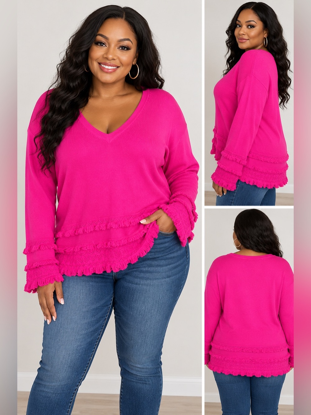 Trina Turk Hot Pink V-Neck Fringe Hem Sweater